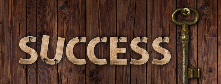 Title page Career planning_Key of Success On a background on wooden boards is attached with nails the word Success in capital letters. Behind it is attached on edge a metal key.