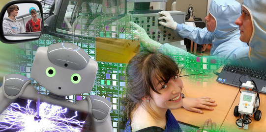 Collage, die die Bereiche der Fakultät Elektrotechnik und Informationstechnik